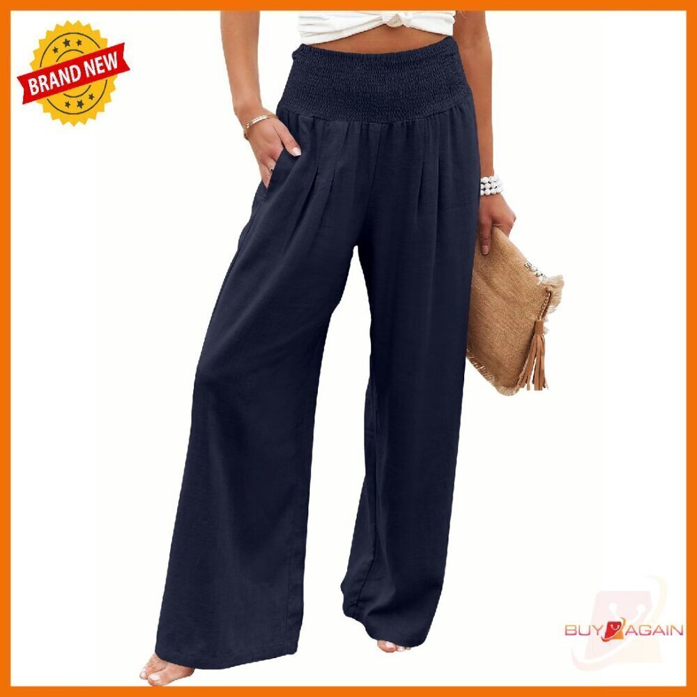 Linen Palazzo Pants High Waist Wide Leg Casual Lounge Beach